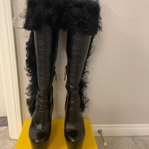 FENDI Black Leather Platform Mongolian Lamb Fur Trim Knee High Boots Size 38.5